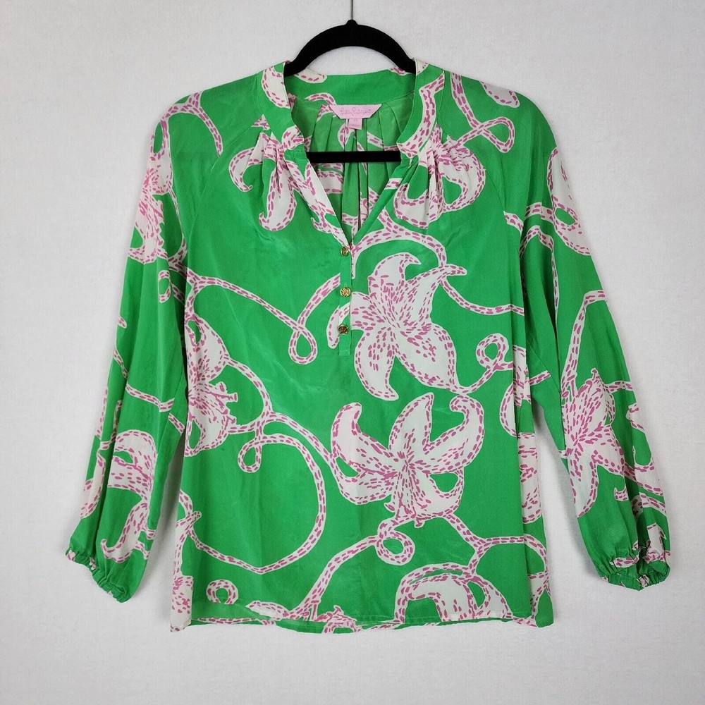 Lilly Pulitzer Rare 100% Silk Twinkle Tunic Top XS Elsa Green Pink Resort Beach